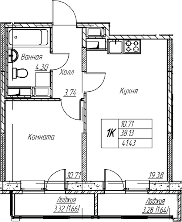 1-комнатная квартира 41.43 м², 6/22 эт., ЖК «Парк-квартал Юнтолово»